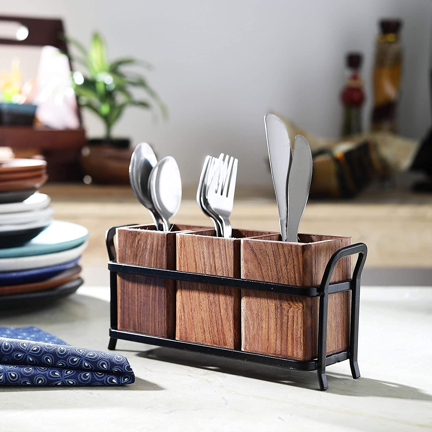 Rustic Wooden Cutlery Holder Stand