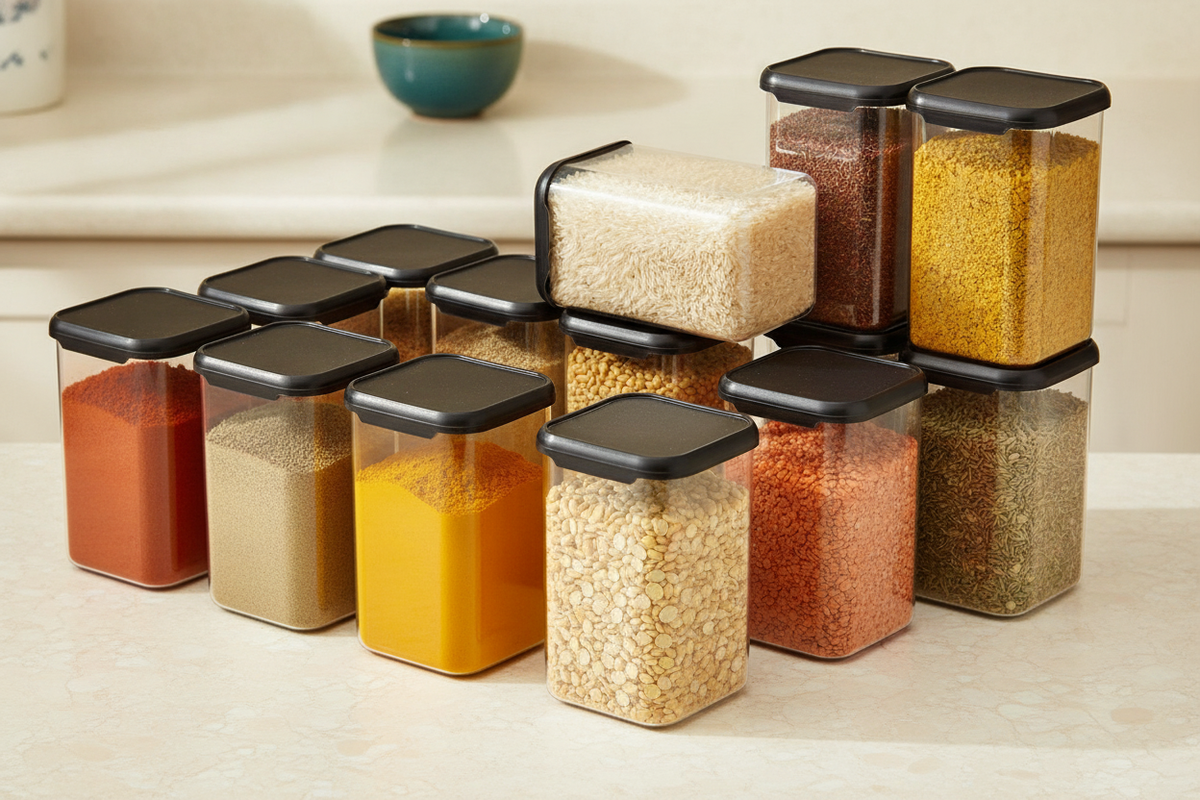 Top-down view of clear airtight pantry storage containers filled with spices, rice, and lentils on a cream countertop, with a