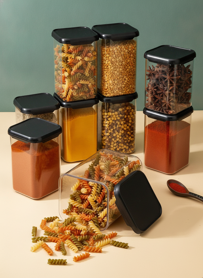 Flat-lay of clear airtight pantry storage containers with secure lids, some filled with rice, lentils, and spices, on a warm 