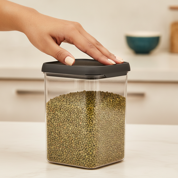 Close-up of a South Asian hand sealing a clear airtight container filled with green lentils on a minimalist kitchen counter.