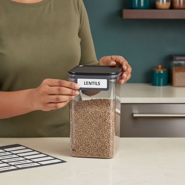 Woman's hands applying a durable, pre-printed label to an airtight pantry storage container filled with lentils in a deep tea